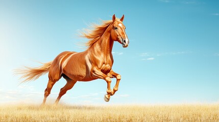 Obraz premium a brown horse galloping through a field of tall grass, with a bright blue sky in the background