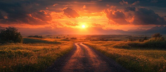 Breathtaking sunset landscape with winding road through fields and vibrant clouds in a tranquil rural setting during golden hour