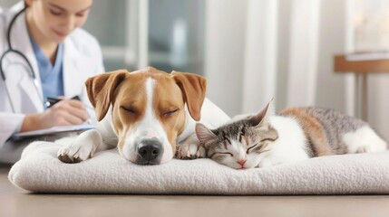 Peaceful Nap Shared Between a Dog and Cat as Veterinarian Examines