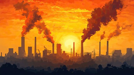 Obraz premium Industrial Sunset with Smoke Plumes Rising from Factory Chimneys