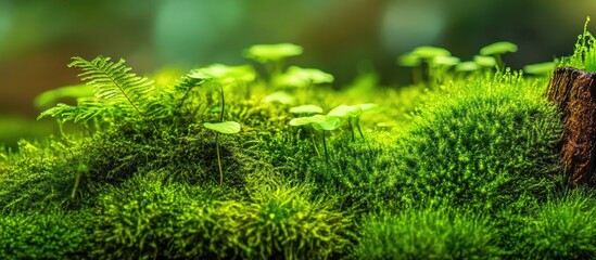 Lush green moss and ferns thriving in a vibrant jungle ecosystem with soft natural lighting in a serene forest setting.