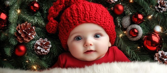 Smiling baby in red hat surrounded by Christmas tree decorations and ornaments looking joyful in festive holiday setting