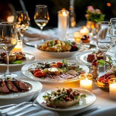 Romantic dinner, candlelit table, delicious food.