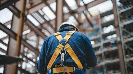 Construction worker in hard hat and safety harness, viewed from behind, amidst steel beams..