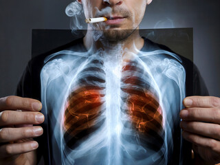 Smoker holds chest X-ray revealing lung damage; a stark contrast between habit and health..