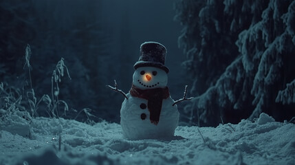 A snowman with a glowing nose stands in a snowy forest at night..