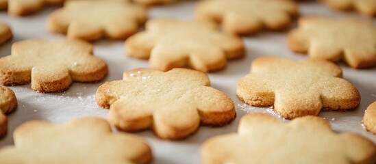 Freshly baked homemade flower-shaped cookies arranged on parchment paper with a soft focus highlighting their golden texture.