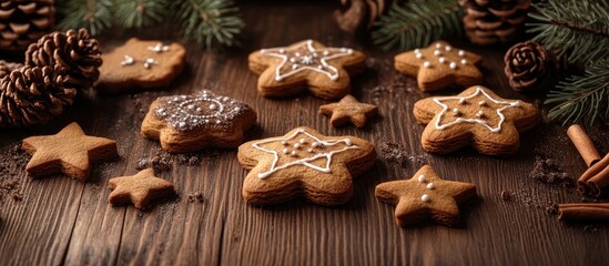 Fototapeta premium Gingerbread stars and trees on a rustic wooden table with empty space for festive card or poster designs celebrating the holiday season