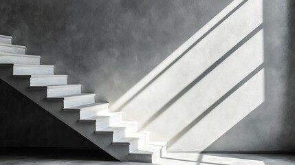 Fototapeta premium a white staircase in an empty room with a wall in the background The stairs lead up to the top of the image, and the floor is visible at the bottom