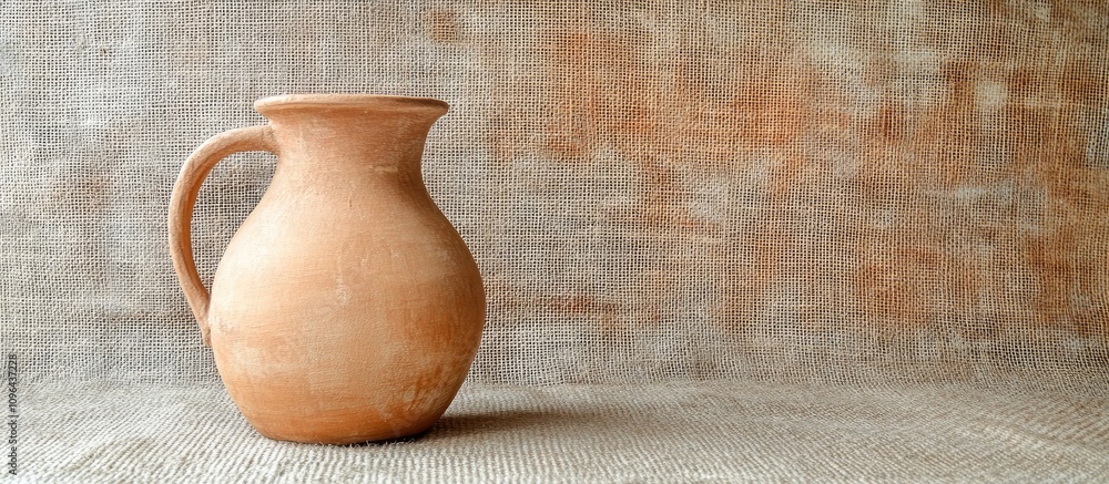 Poster clay jug elegantly displayed against a rustic burlap background highlighting its earthy texture and 