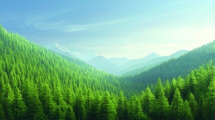 Fototapeta premium a lush green forest with tall trees and majestic mountains in the background, set against a bright blue sky