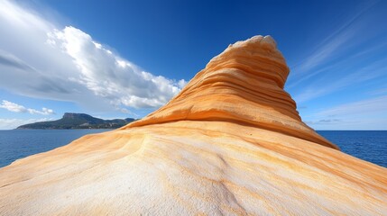  a large rock formation in the middle of a body of water, surrounded by hills and a sky with clouds in the background