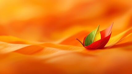  a vibrant red and green leaf on an orange background, creating a beautiful contrast of colors The leaf is in sharp focus, while the background is slightly blurred,