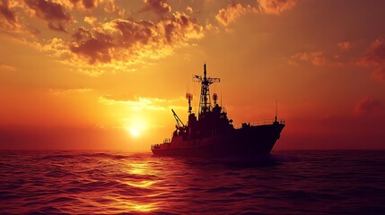 Obraz premium A ship silhouetted against a vibrant sunset over calm waters.