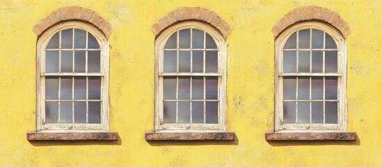 Fototapeta premium Vibrant yellow wall with three vintage arched windows showcasing rustic charm and architectural detail in a bright urban setting