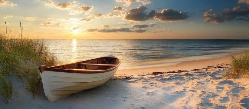Serene summer evening with a rowing boat on a beach by the water under a colorful sunset sky and gentle waves on the shore.