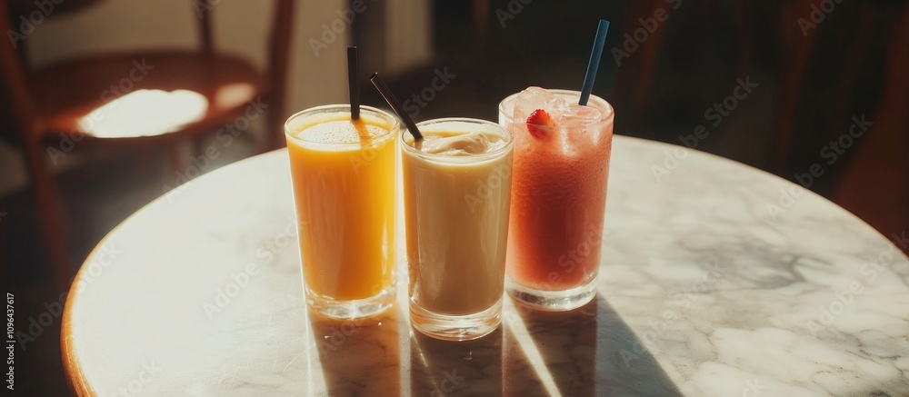 Poster close up view of three refreshing drinks hazelnut milk orange juice and strawberry smoothie on a mar