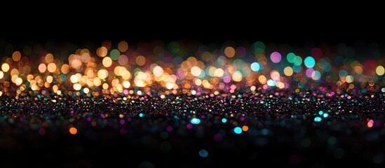 Obraz premium Colorful glitter bokeh lights creating a vibrant abstract background with soft blurred effects on a dark surface for artistic designs.