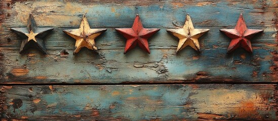 Vintage grunge wooden wall with colorful stars ideal for national holidays and festive decor in rustic style.