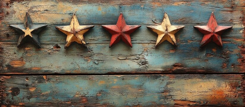 Vintage grunge wooden wall with colorful stars ideal for national holidays and festive decor in rustic style.