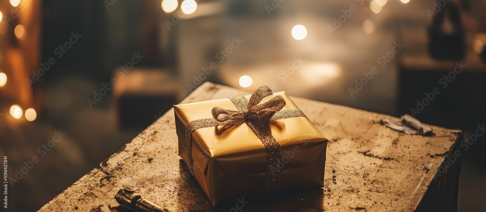 Poster elegant golden gift box adorned with a ribbon in a nostalgic retro atmosphere surrounded by soft bok