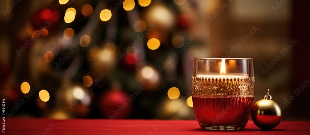 Aufkleber candle with red and gold ornaments elegantly placed in front of a festive fir tree creating a warm h