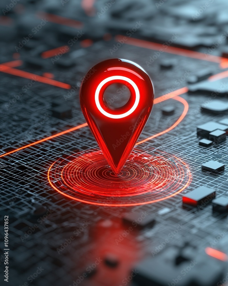 Poster a glowing red location pin on a dark, textured background symbolizes navigation and digital mapping.