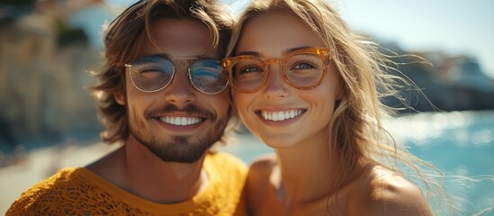 Joyful young couple on a sunny holiday embracing and smiling brightly by the beach capturing moments of love and happiness together.