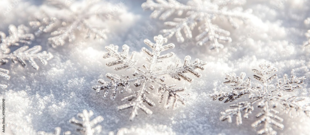 Poster delicate snowflakes resting on soft snow creating a serene winter background emphasizing tranquility