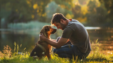 A joyful man plays with his dog, bonding through fun activities in their home.