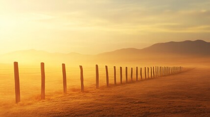 Obraz premium \A serene sunset landscape featuring a wooden fence stretching into the distance, surrounded by soft hues of orange and yellow.