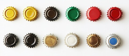 Colorful bottle caps arranged in horizontal rows on a clean white background showcasing variety and design in beverage packaging.