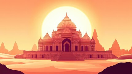 Obraz premium A Large, Ornate Building With Domes in a Desert Landscape Under a Setting Sun