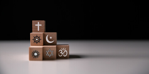 World Religion Day, symbols of Christianity, Judaism, Islam, Hinduism, Buddhism, and Taoism,...