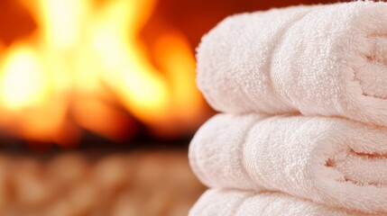  a stack of white towels sitting on top of each other in front of a fireplace, with the flames of the fireplace providing a warm and inviting atmosphere