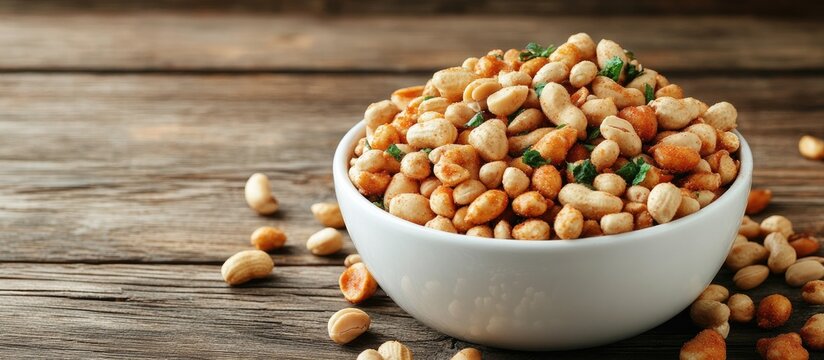 Crunchy spicy mix and coated peanuts in a white bowl on rustic wooden surface showcasing tempting snack options for food enthusiasts
