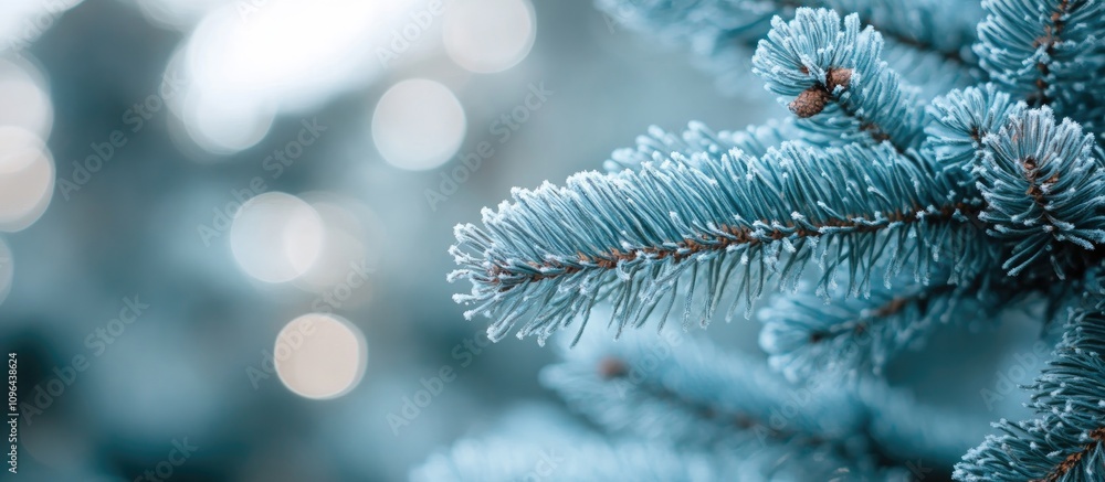 Poster bokeh effect showcasing the intricate details of a blue fir tree branch against a soft blurred backg