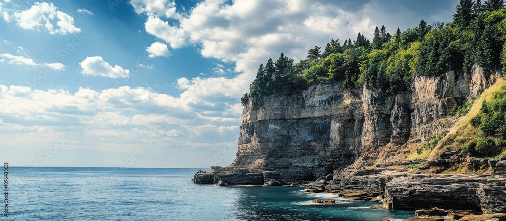 Poster scenic coastal cliffs under a blue sky with clouds reflecting on calm waters creating a tranquil nat