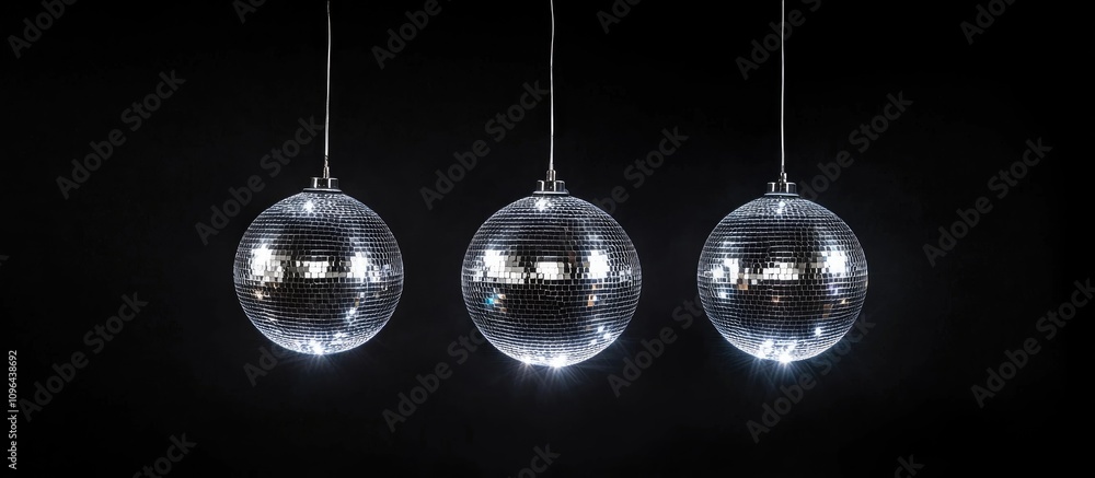 Poster three shimmering disco balls in a dark space reflecting light creating a vibrant retro party atmosph