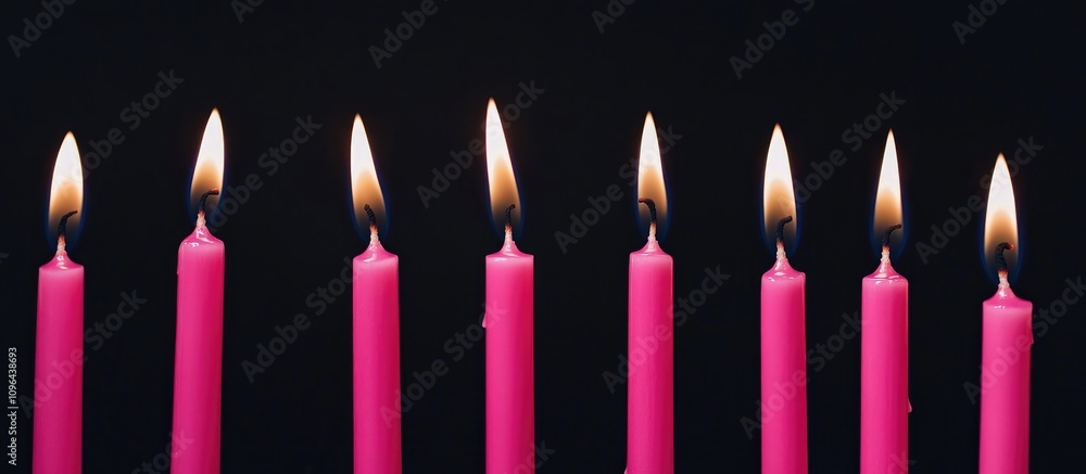 Poster ten illuminated pink candles in a row creating a warm glow against a dark background for festive or 