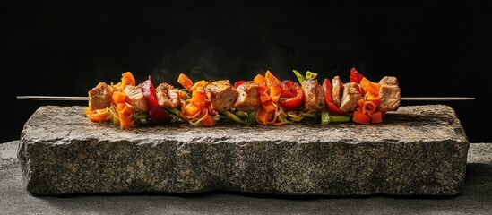 Grilled chicken skewers with colorful vegetables served on a granite stone for a delicious culinary presentation