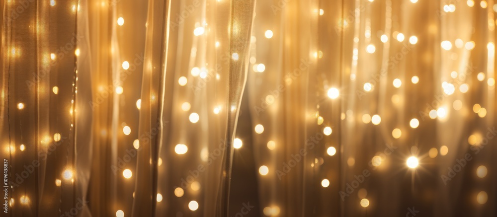 Poster golden bokeh lights shining through a translucent curtain creating a warm festive atmosphere for the