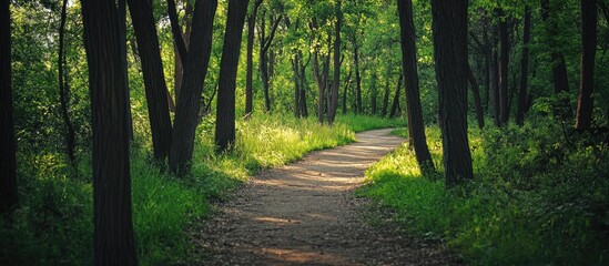 Peaceful forest path surrounded by lush greenery inviting a serene nature walk and tranquil outdoor experience