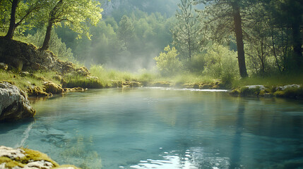 Obraz premium Serene Forest Pool. Crystal Water, Misty Dawn