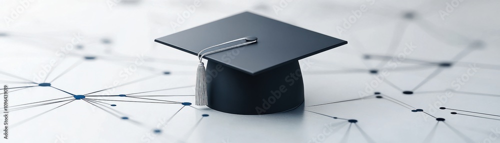 Poster a graduation cap rests on a web of interconnected lines, symbolizing education and connection in the