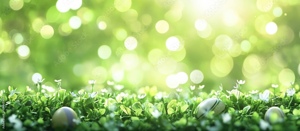 Poster vibrant green spring background with easter eggs nestled in grass and soft bokeh lights creating a f