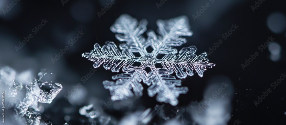 Poster detailed close-up of a delicate snowflake against a dark background showcasing intricate ice crystal