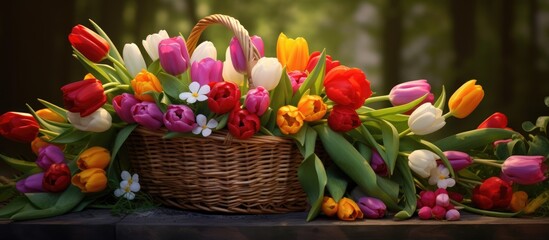 Obraz premium Vibrant garden display of colorful tulips in a wicker basket surrounded by lush greenery and soft natural light.