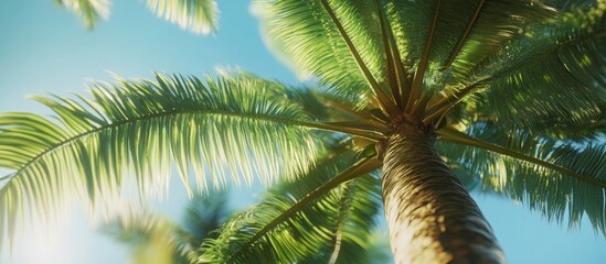 Closeup view of a vibrant green palm tree against a clear blue sky on a sunny day highlighting tropical beauty and nature's serenity