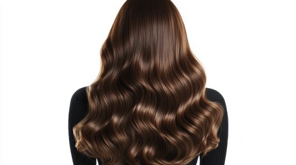 Fototapeta premium Beautiful model girl with Brown hair strand,silky healthy chestnut wavy hair strand isolated on white background,hair wavy ribbon, with smooth texture,vibrant shine,brunette hairpiece, hairy ribbon.